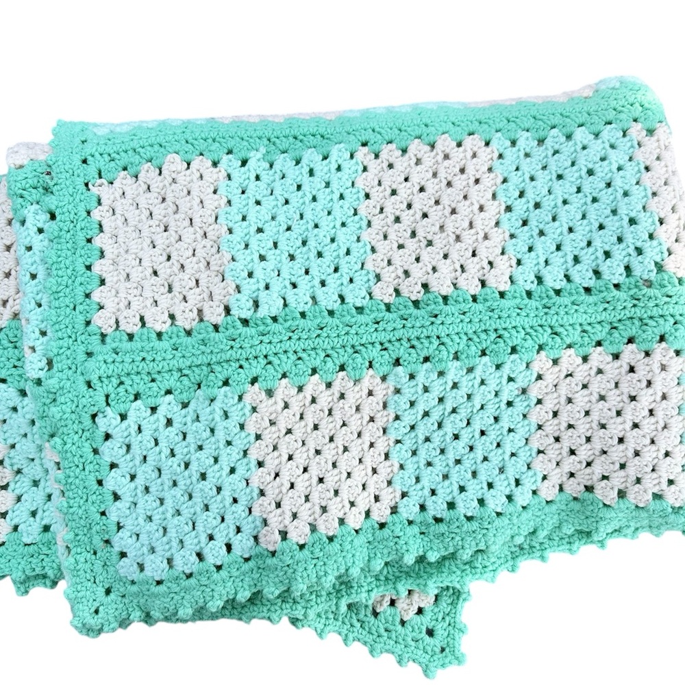 Vintage crochet blanket Large teal white cream 56x68 home decor bedroom bed twin
